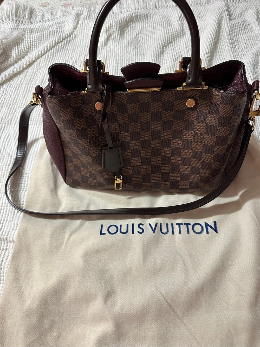 Louis Vuitton Damier Ebene Satchel with Dark Brown and Burgundy Trim